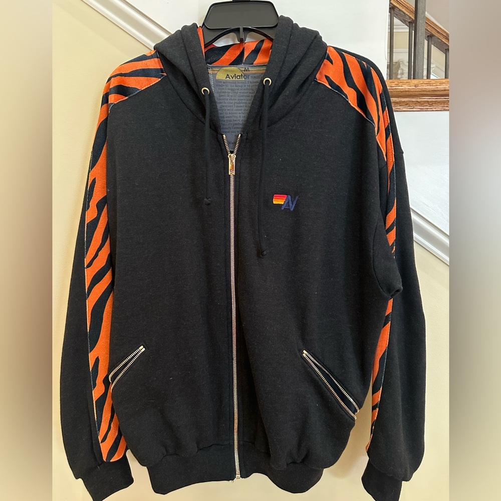 Aviator Nation Black & Orange Tiger Stripe Zip Hoodie